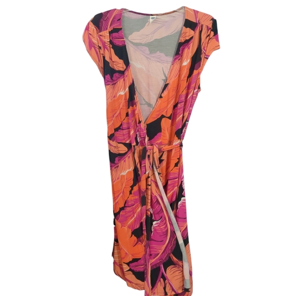 🌹3/15🌹OLD NAVY Black Orange Pink Stretchy Wrap Dress Medium Petite - Picture 2 of 4